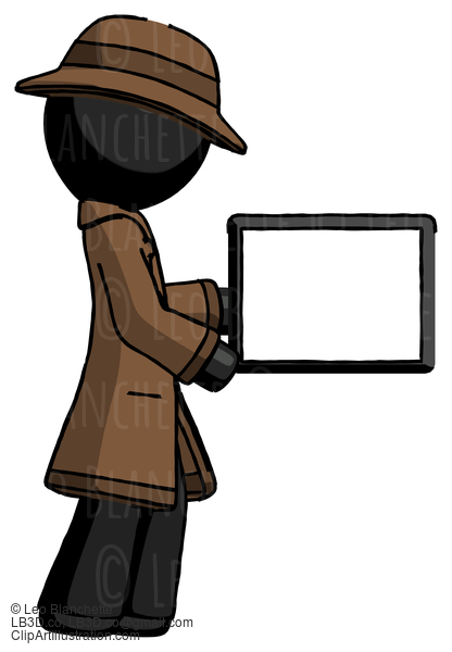 Black Detective Man Show Tablet Device Computer To Viewer, Blank Area #2592