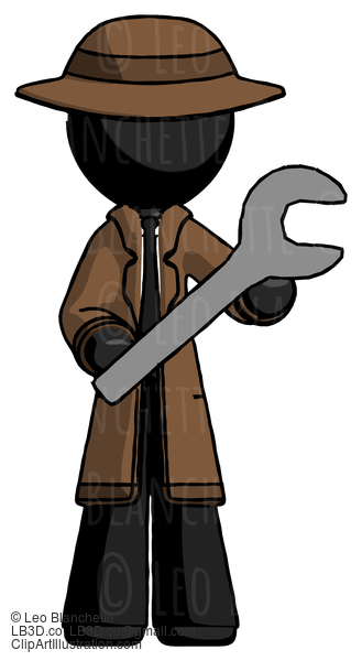 Black Detective Man Holding Large Wrench With Both Hands #2594