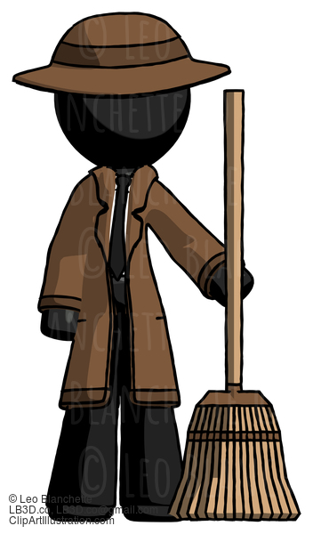 Black Detective Man Standing With Broom Cleaning Services #2600