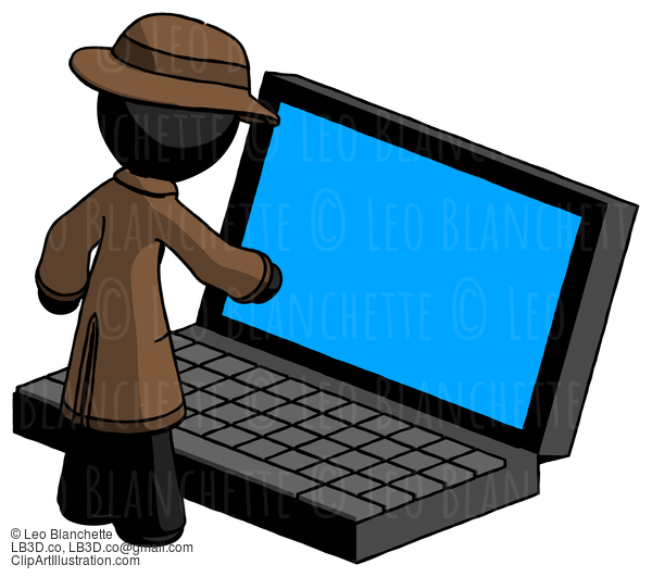 Black Detective Man Using Large Laptop Computer #2616