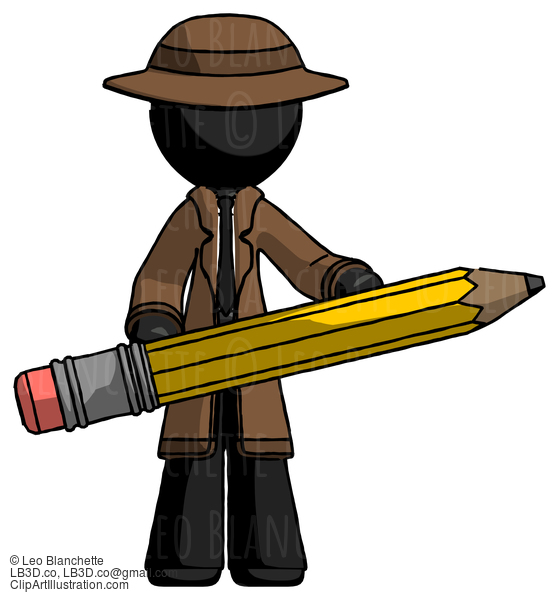 Black Detective Man Writer Or Blogger Holding Large Pencil #2648