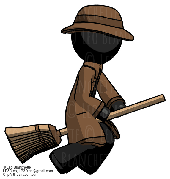 Black Detective Man Flying On Broom #2649