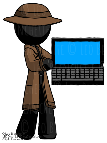 Black Detective Man Holding Laptop Computer Presenting Something On Screen #2655