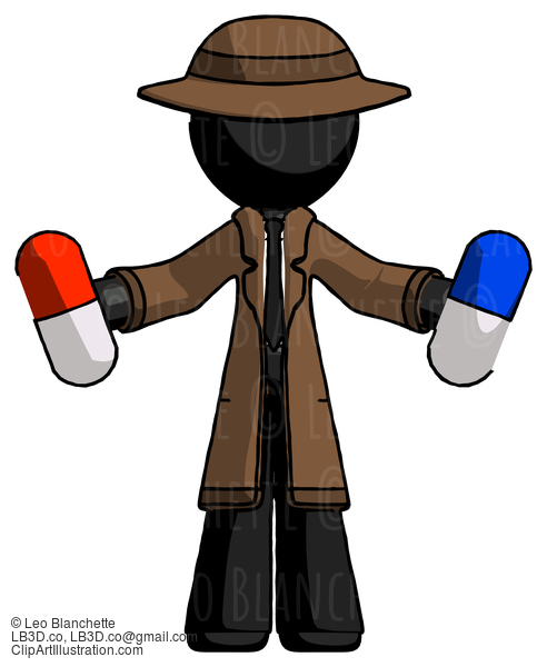 Black Detective Man Holding A Red Pill And Blue Pill #2669