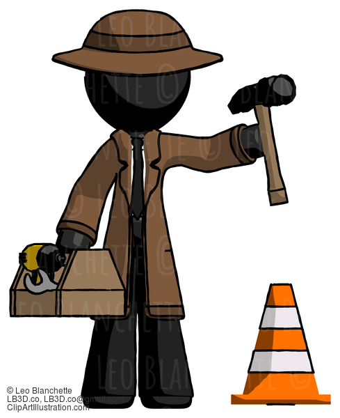 Black Detective Man Under Construction Concept, Traffic Cone And Tools #2686