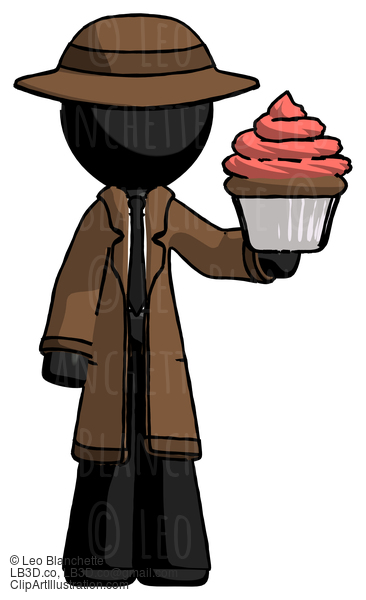 Black Detective Man Presenting Pink Cupcake To Viewer #2707