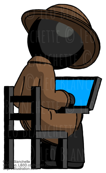 Black Detective Man Using Laptop Computer While Sitting In Chair View From Back #2713