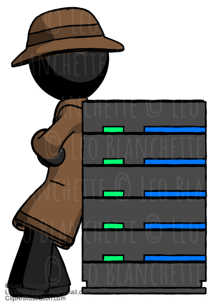 Black Detective Man Resting Against Server Rack #2737