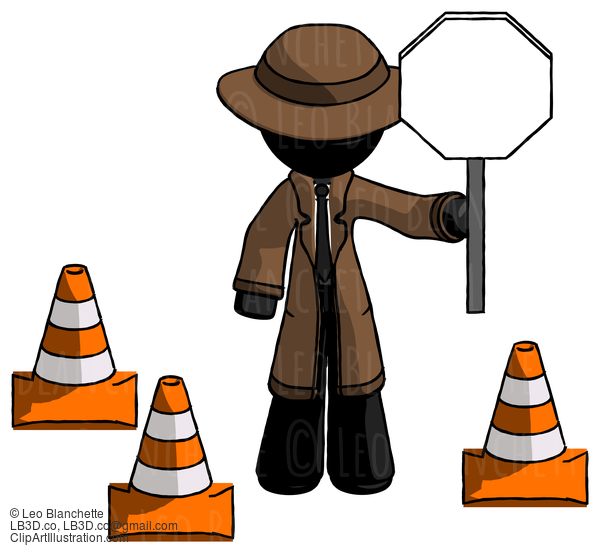 Black Detective Man Holding Stop Sign By Traffic Cones Under Construction Concept #2739