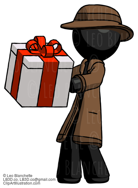 Black Detective Man Presenting A Present With Large Red Bow On It #2745