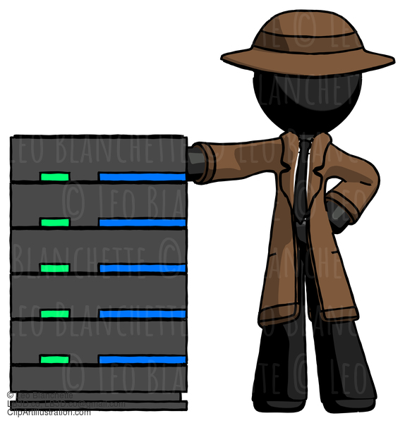 Black Detective Man With Server Rack Leaning Confidently Against It #2766