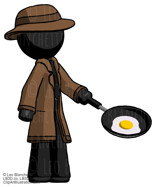 Black Detective Man Frying Egg In Pan Or Wok Facing Right #2775