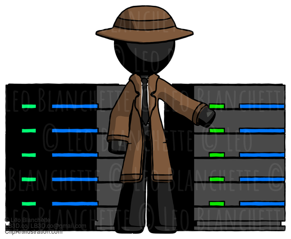 Black Detective Man With Server Racks, In Front Of Two Networked Systems #2778