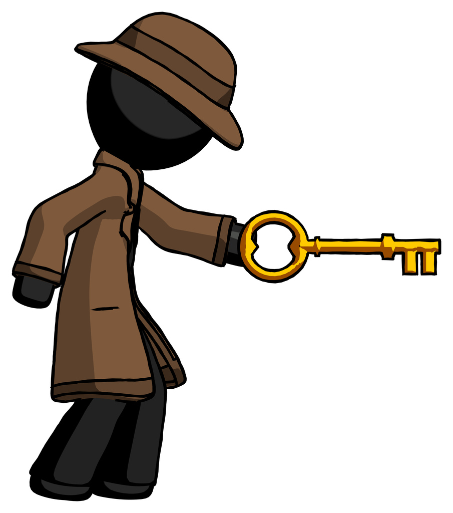 Black Detective Man with big key of gold opening something