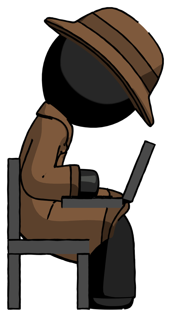 Black Detective Man using laptop computer while sitting in chair view from side