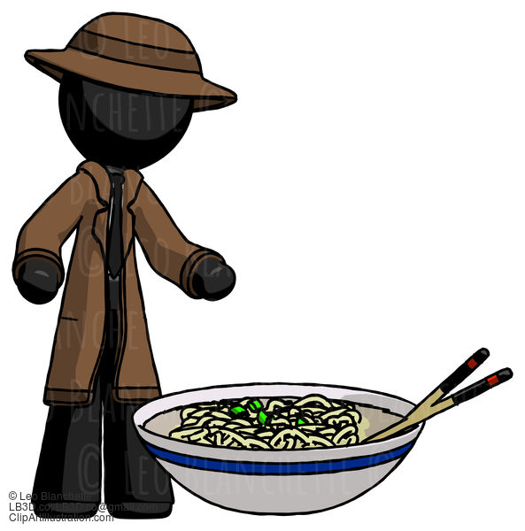 Black Detective Man And Noodle Bowl, Giant Soup Restaraunt Concept #2804