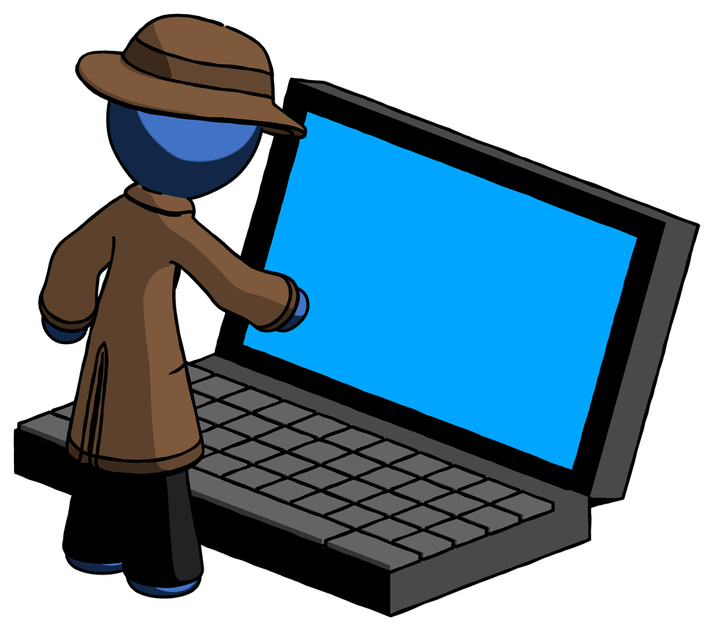 Blue Detective Man using large laptop computer