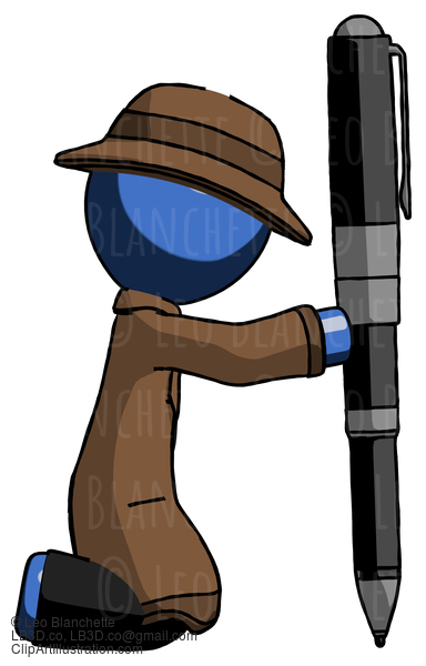 Blue Detective Man Posing With Giant Pen In Powerful Yet Awkward Manner. #3741