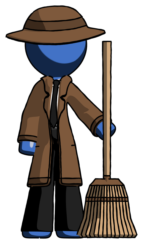 Blue Detective Man standing with broom cleaning services