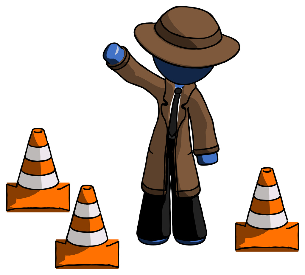 Blue Detective Man Standing By Traffic Cones Waving
