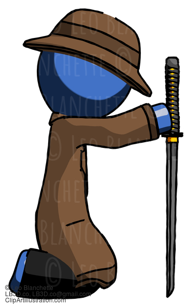 Blue Detective Man Kneeling With Ninja Sword Katana Showing Respect #3765