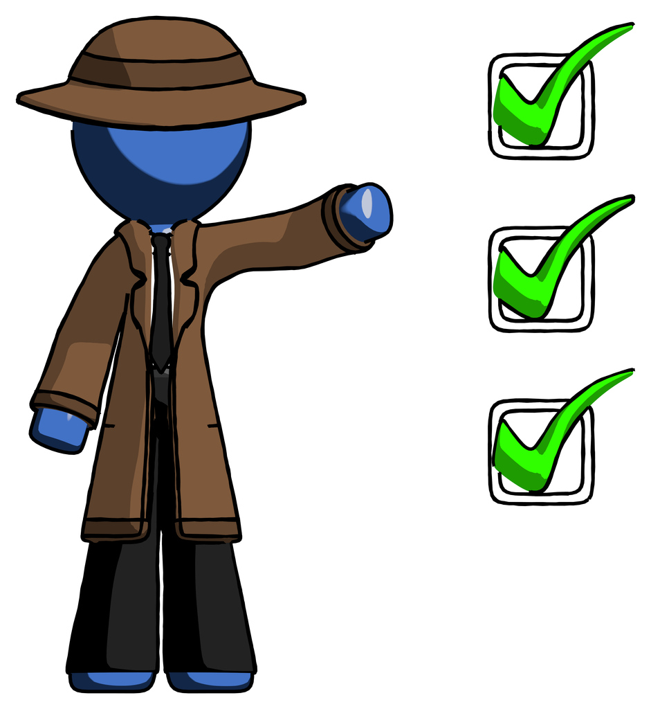 Blue Detective Man standing by list of checkmarks