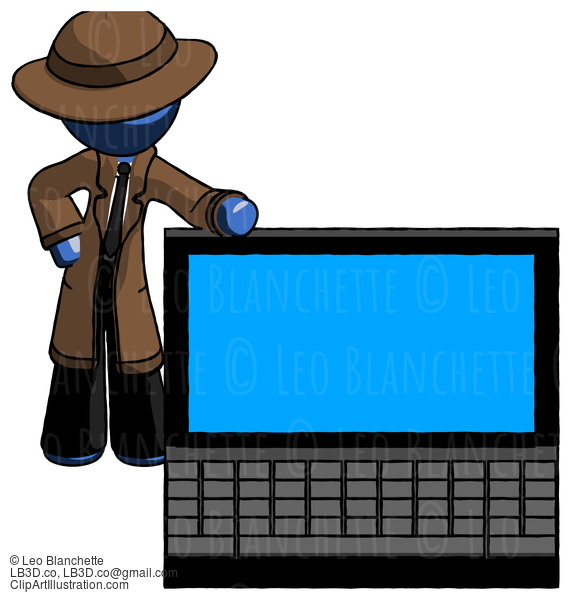 Blue Detective Man Beside Large Laptop Computer, Leaning Against It #3771