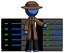 Blue Detective Man With Server Racks, In Front Of Two Networked Systems