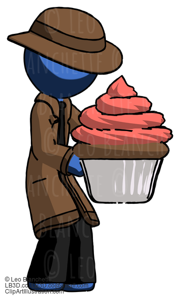 Blue Detective Man Holding Large Cupcake Ready To Eat Or Serve #3792