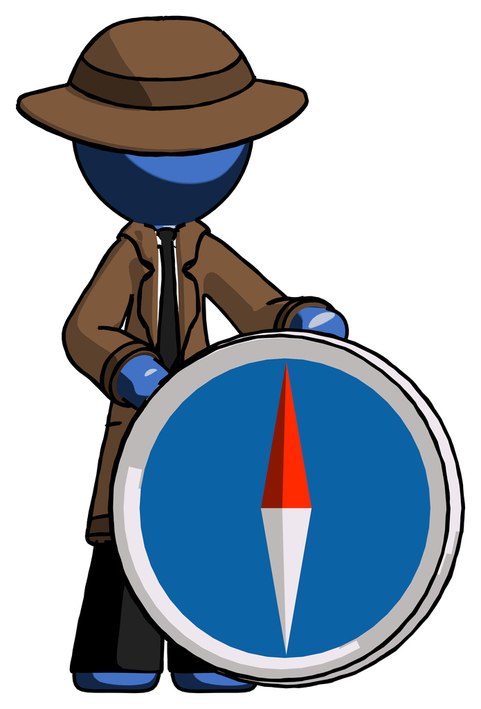 Blue Detective Man standing beside large compass