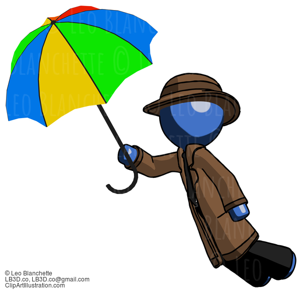 Blue Detective Man Flying With Rainbow Colored Umbrella #3812