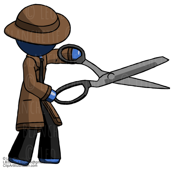 Blue Detective Man Holding Giant Scissors Cutting Out Something #3837