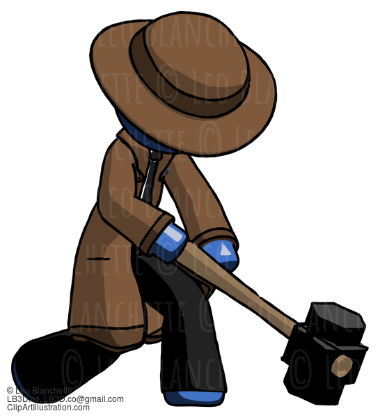 Blue Detective Man Hitting With Sledgehammer, Or Smashing Something At Angle #3846