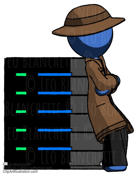 Blue Detective Man Resting Against Server Rack Viewed At Angle #3854