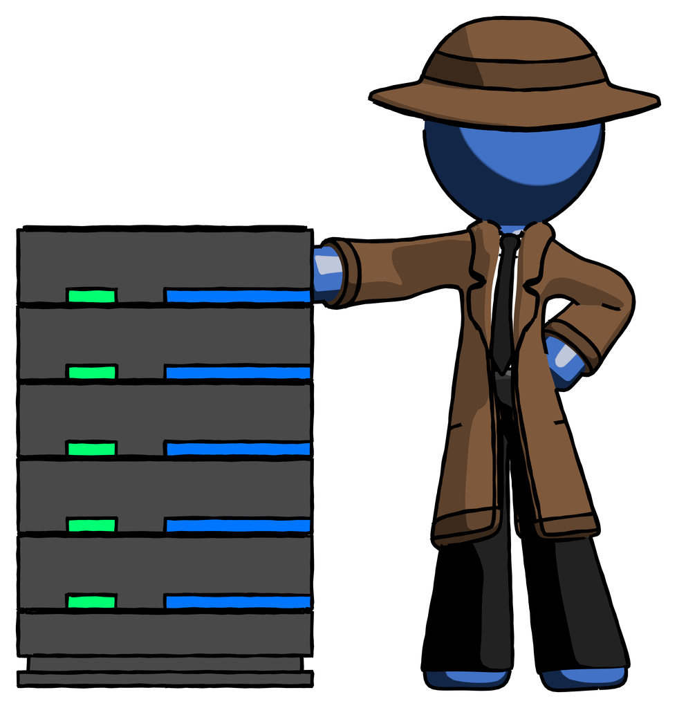 Blue Detective Man With Server Rack Leaning Confidently Against It
