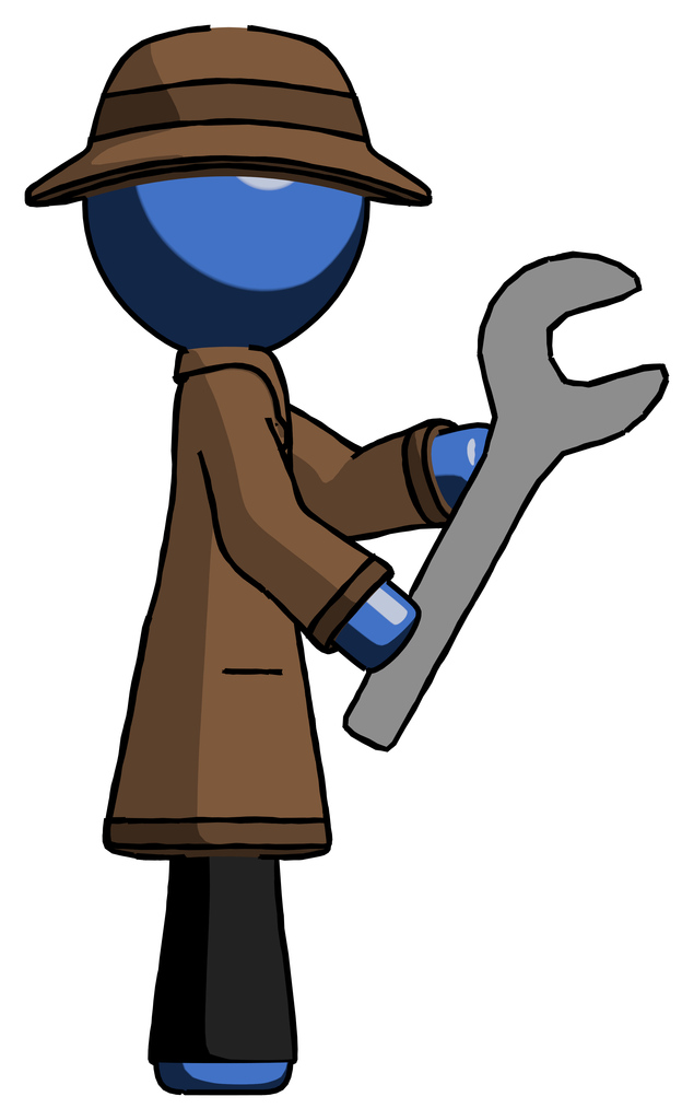 Blue Detective Man Using Wrench Adjusting Something To Right