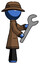 Blue Detective Man Using Wrench Adjusting Something To Right
