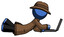 Blue Detective Man using laptop computer while lying on floor side view