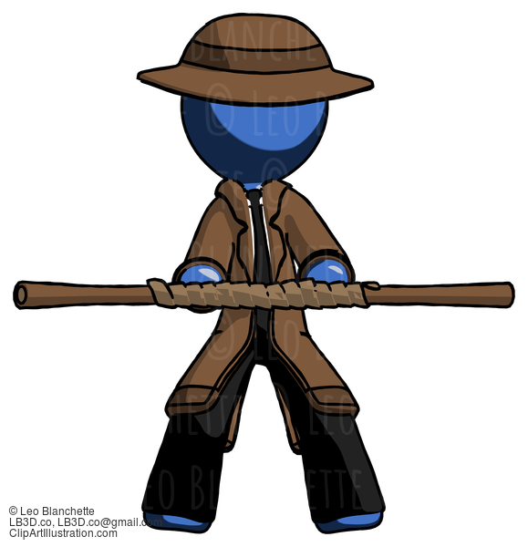 Blue Detective Man Bo Staff Kung Fu Defense Pose #3893