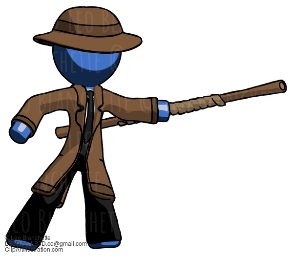 Blue Detective Man Bo Staff Pointing Right Kung Fu Pose #3899