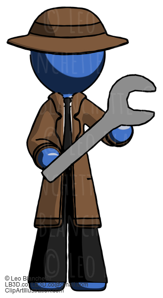 Blue Detective Man Holding Large Wrench With Both Hands #3920