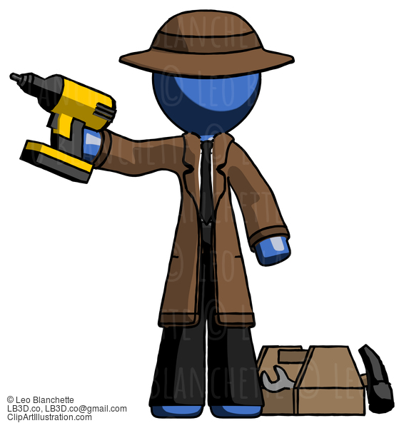 Blue Detective Man Holding Drill Ready To Work, Toolchest And Tools To Right #3937