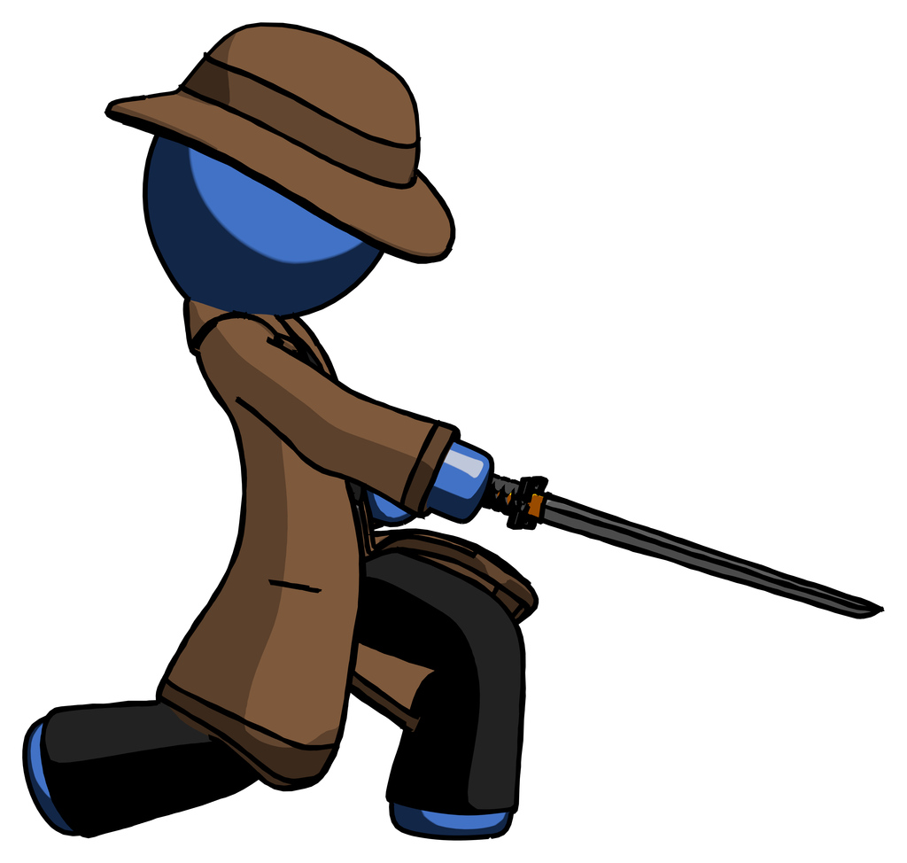 Blue Detective Man with ninja sword katana slicing or striking something
