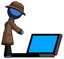 Blue Detective Man using large laptop computer side orthographic view