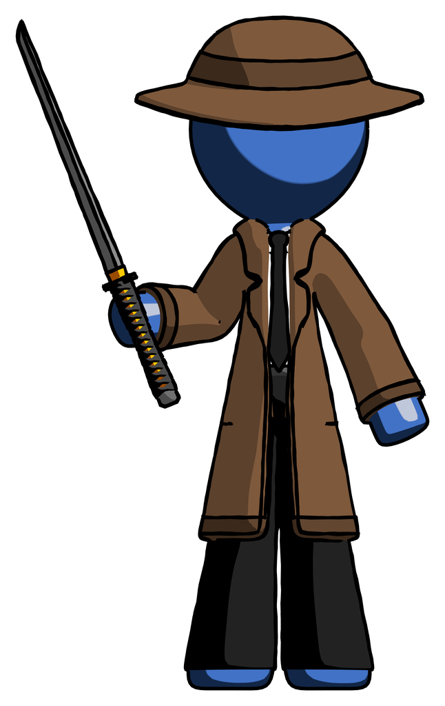 Blue Detective Man standing up with ninja sword katana