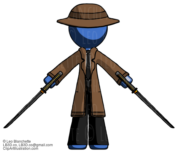 Blue Detective Man Posing With Two Ninja Sword Katanas #3999