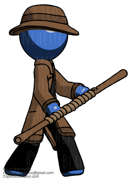 Blue Detective Man Holding Bo Staff In Sideways Defense Pose #4001