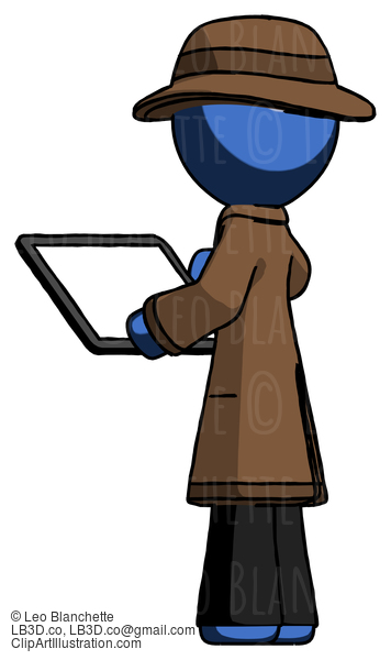 Blue Detective Man Looking At Tablet Device Computer With Back To Viewer #4003