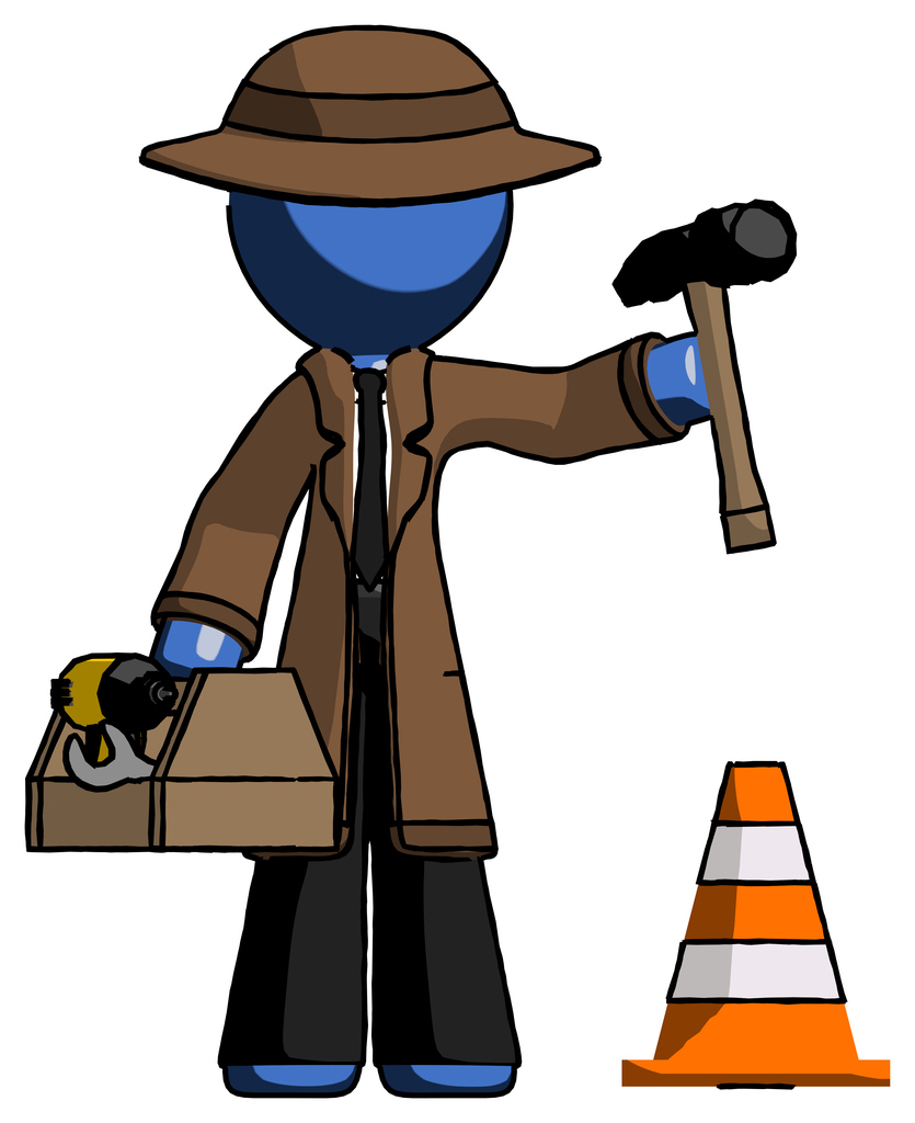 Blue Detective Man Under Construction Concept, Traffic Cone And Tools