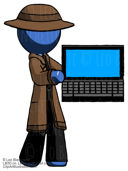 Blue Detective Man Holding Laptop Computer Presenting Something On Screen #4019